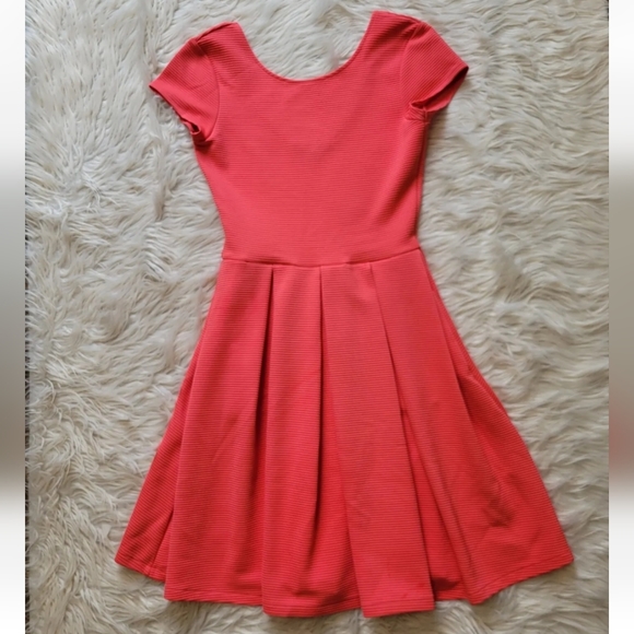 French Connection Dress Sz 4 Ribbed Stretch Fit & Flare Pink Coral Peach Pocket - Picture 9 of 9